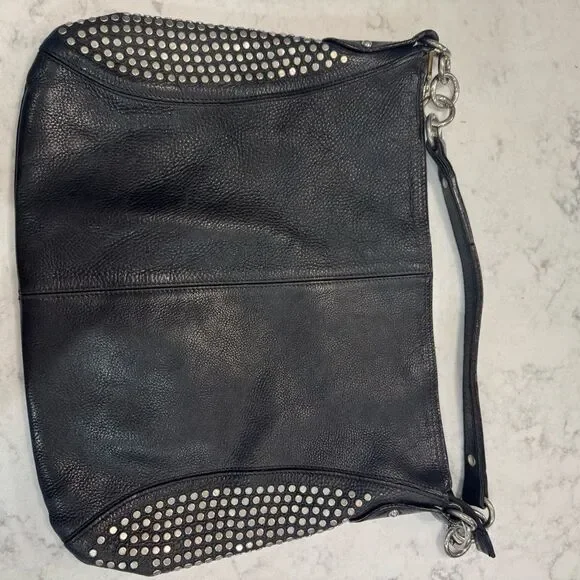 Vintage FURLA Black Studded Leather Hobo Shoulder Bag – Made in Italy